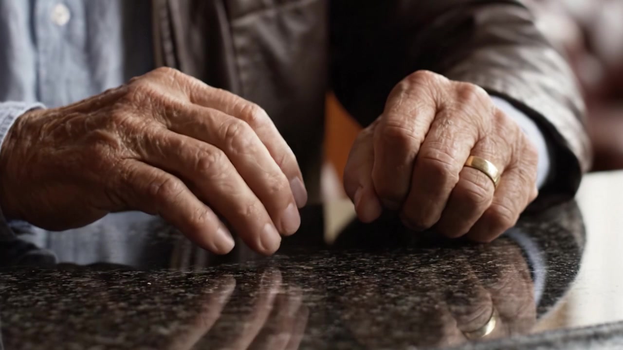Uno studio intimo di mani invecchiate che riposano su una superficie lucida, catturando le storie e le emozioni impresse in ogni linea e gesto nel tempo