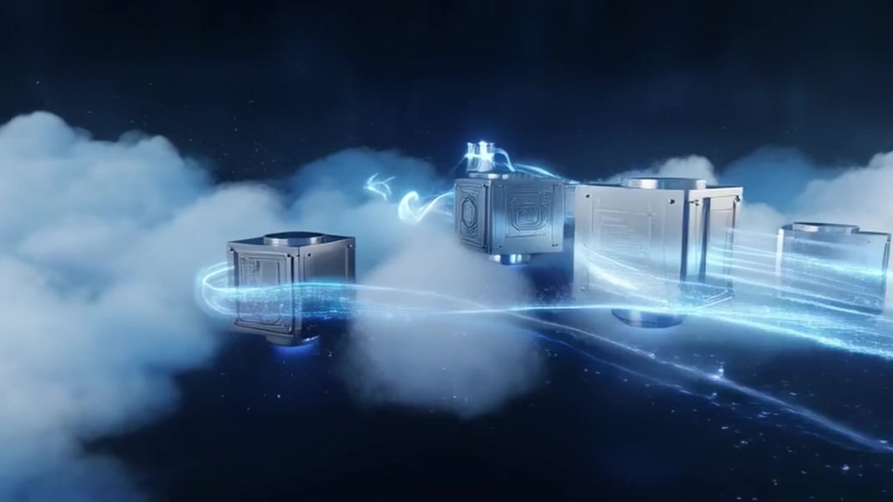 Futuristic Metallic Cubes Floating Through Clouds with Glowing Energy Streams