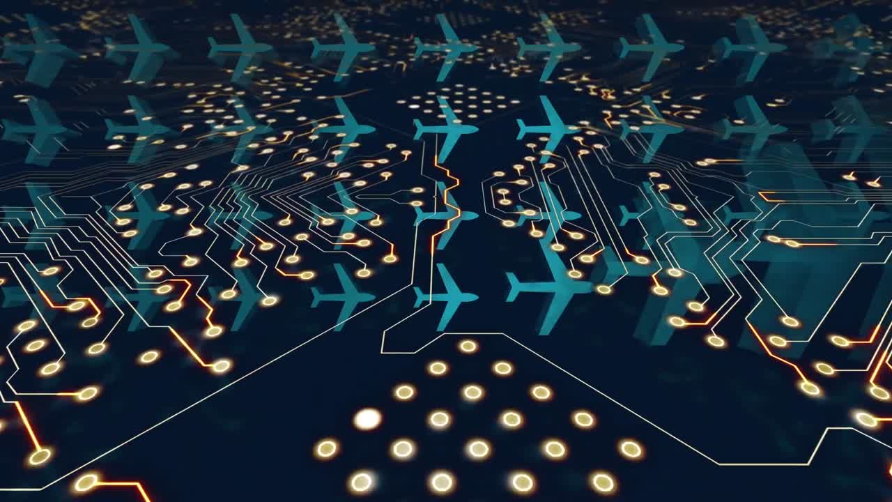 Digital animation of multiple airplane icons over microprocessor connections against blue background