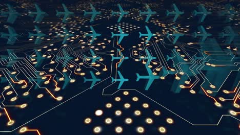 Digital-animation-of-multiple-airplane-icons-over-microprocessor-connections-against-blue-background