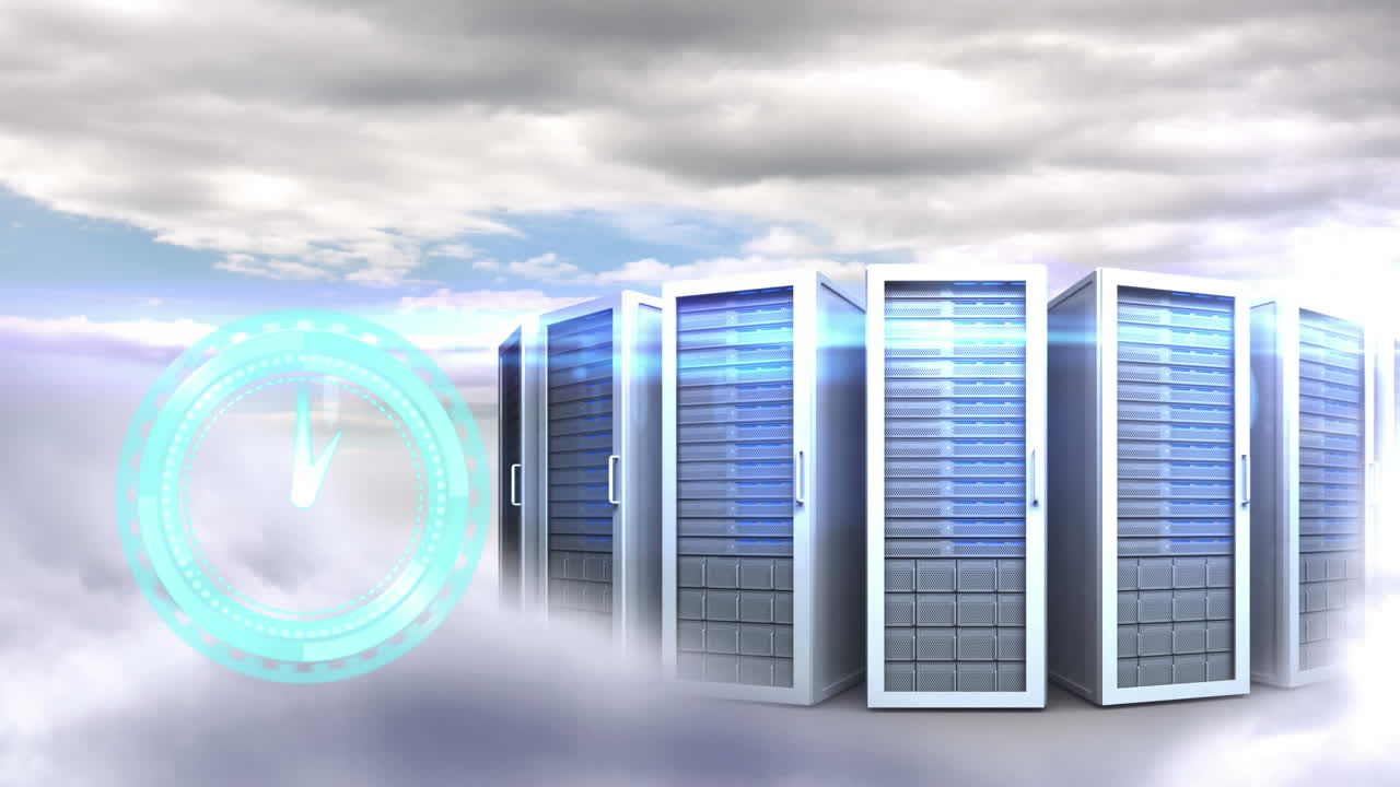 Animation of clock and servers over clouds