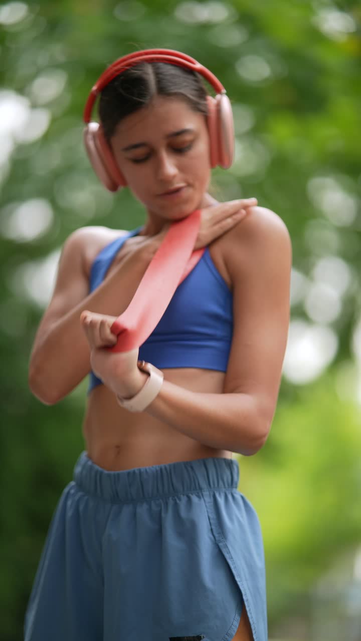 mujer estirándose con banda de resistencia