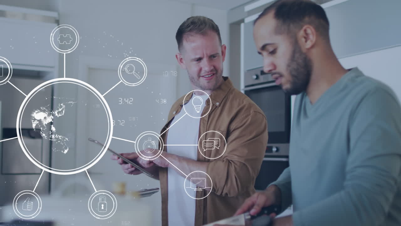 Animation of globe with data processing over diverse men using tablet