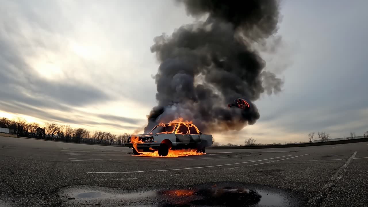 Video ripreso dal basso di un'auto avvolta dalle fiamme, che emette fumo denso in un parcheggio vuoto