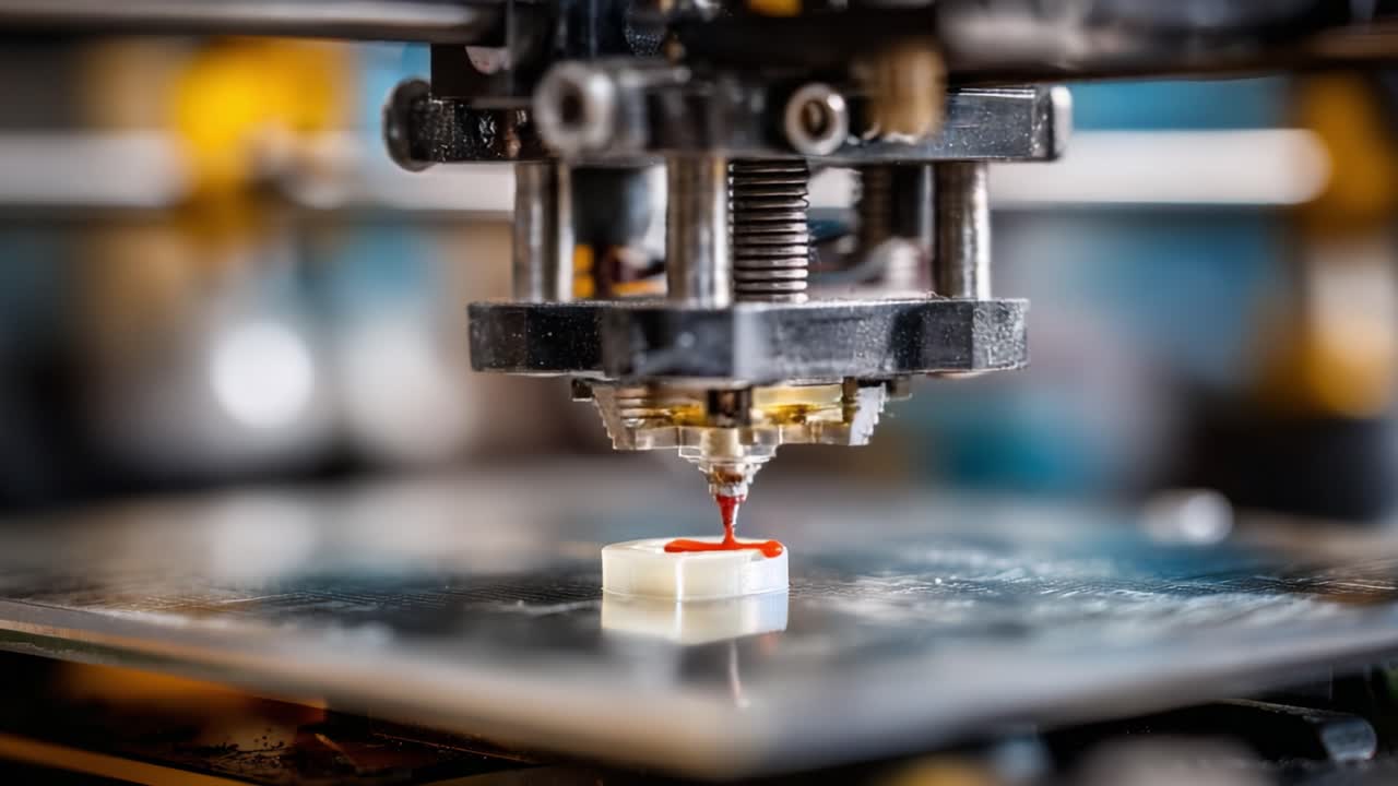 A Close-Up of a 3D Printer in Action, Precision Extrusion of Red Material on a Clear Object Displaying the Intricacies of Modern Additive Manufacturing Technology