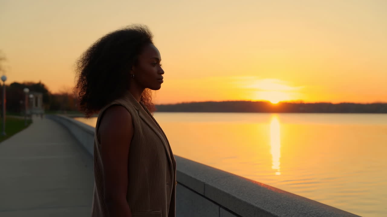 Serene Woman Watching Golden Sunset Over Lake