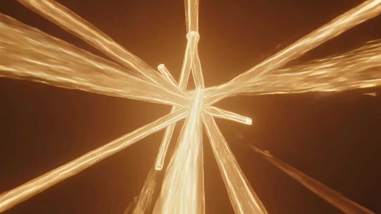 Rotating golden tubular beams forming central knot in amber void, camera shift revealing pulses