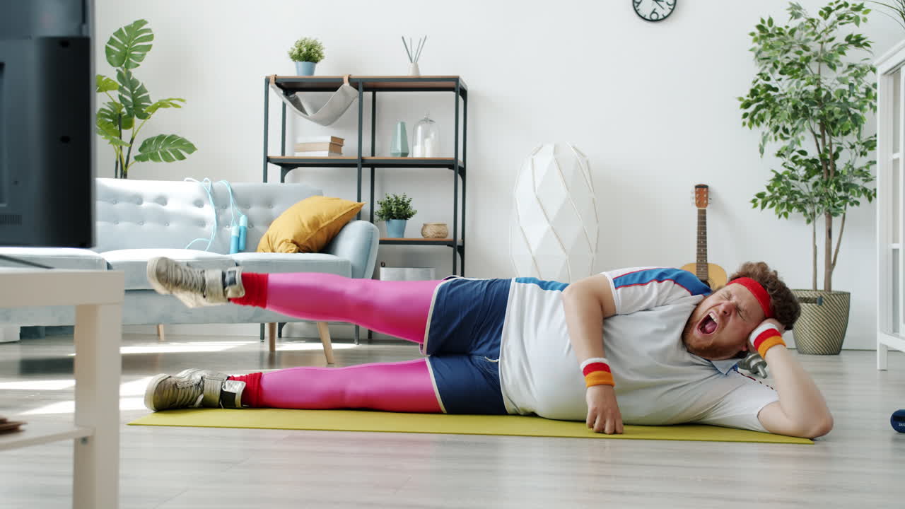 Fat Man Sleeping During Home Workout