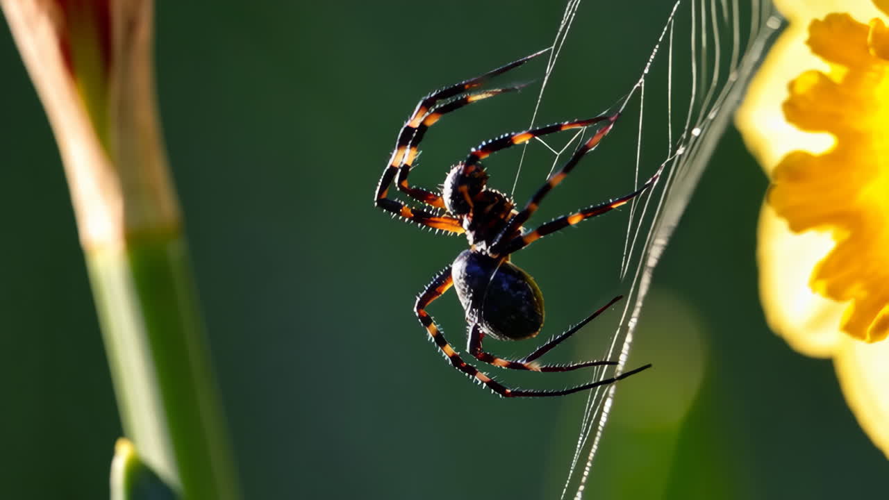 Spider on a Web near a Flower
