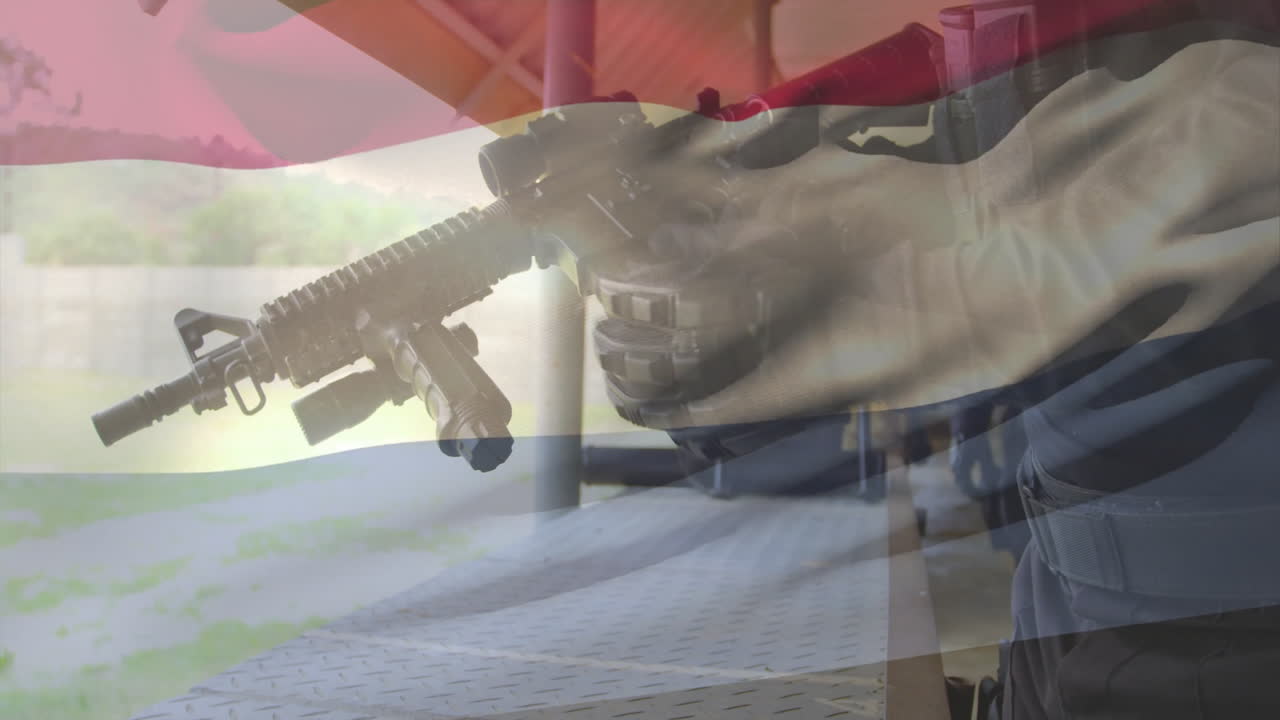 Holding rifle over Netherlands flag, person creating military and national animation