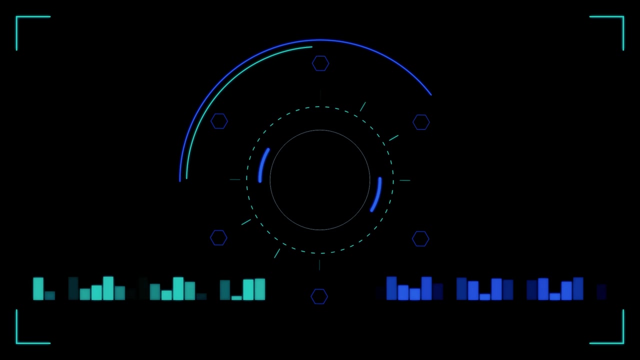 Futuristic Digital HUD Interface with Rotating Circular Elements and Data Bars