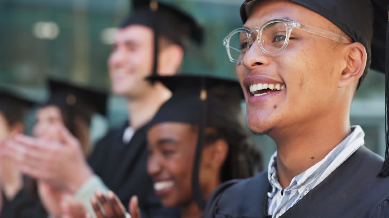 Graduation, ceremony or happy graduate clapping
