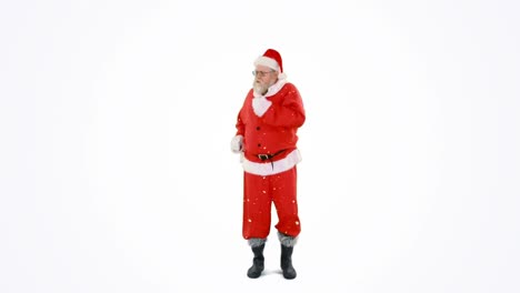 Digital-composition-of-snow-falling-over-santa-claus-dancing-against-white-background