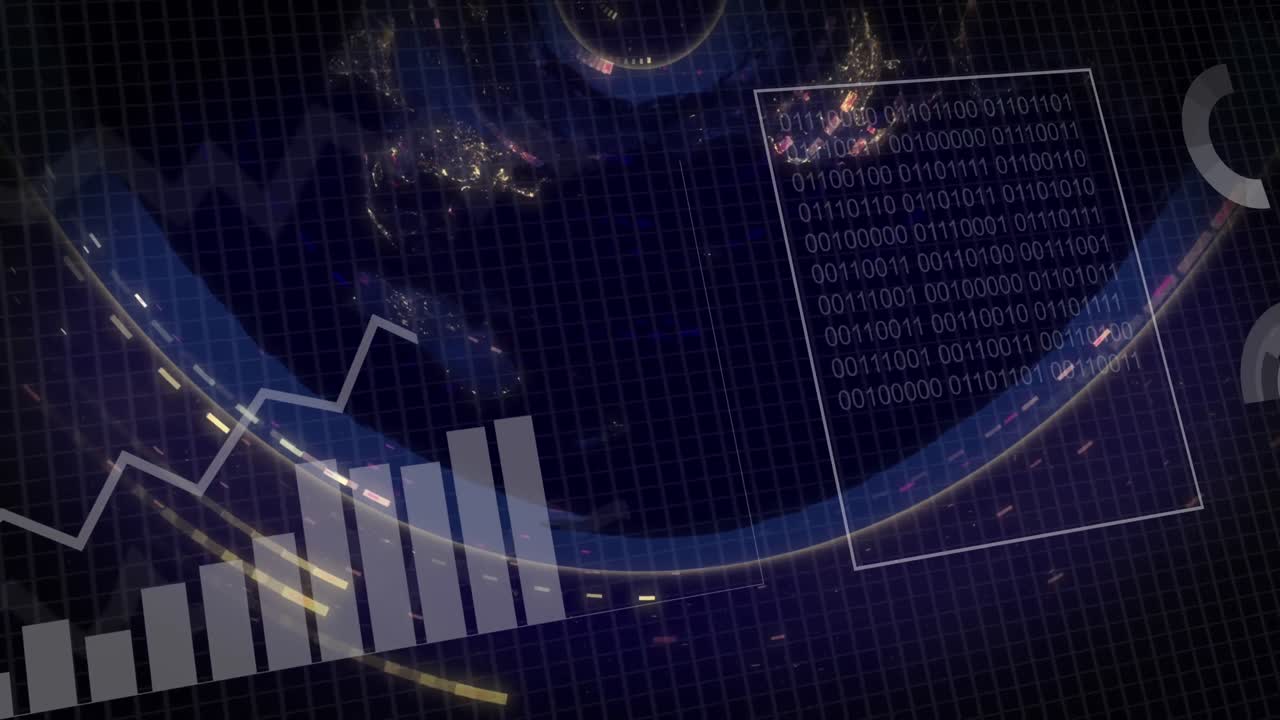 Animation of data processing over world map on black background