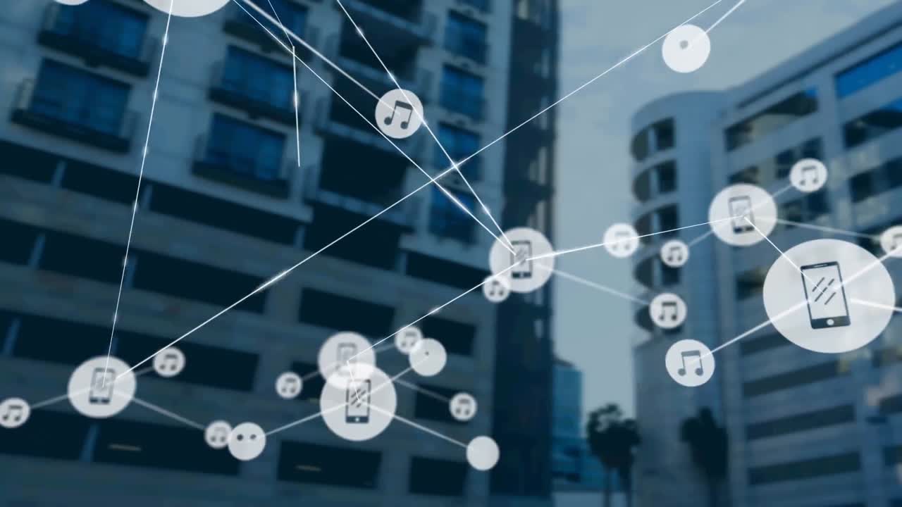 Animação de rede de conexões com ícones sobre um edifício moderno