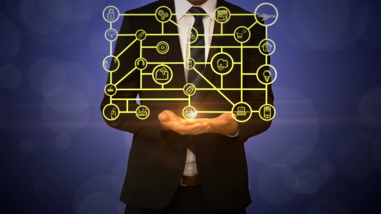 hombre de negocios con iconos generados digitalmente