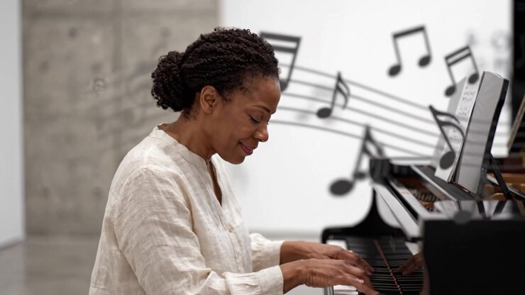 Una musicista di talento incanta con la sua esibizione al pianoforte, abbracciando le gioie della musica classica in uno spazio d'arte sereno pieno di note e creatività.