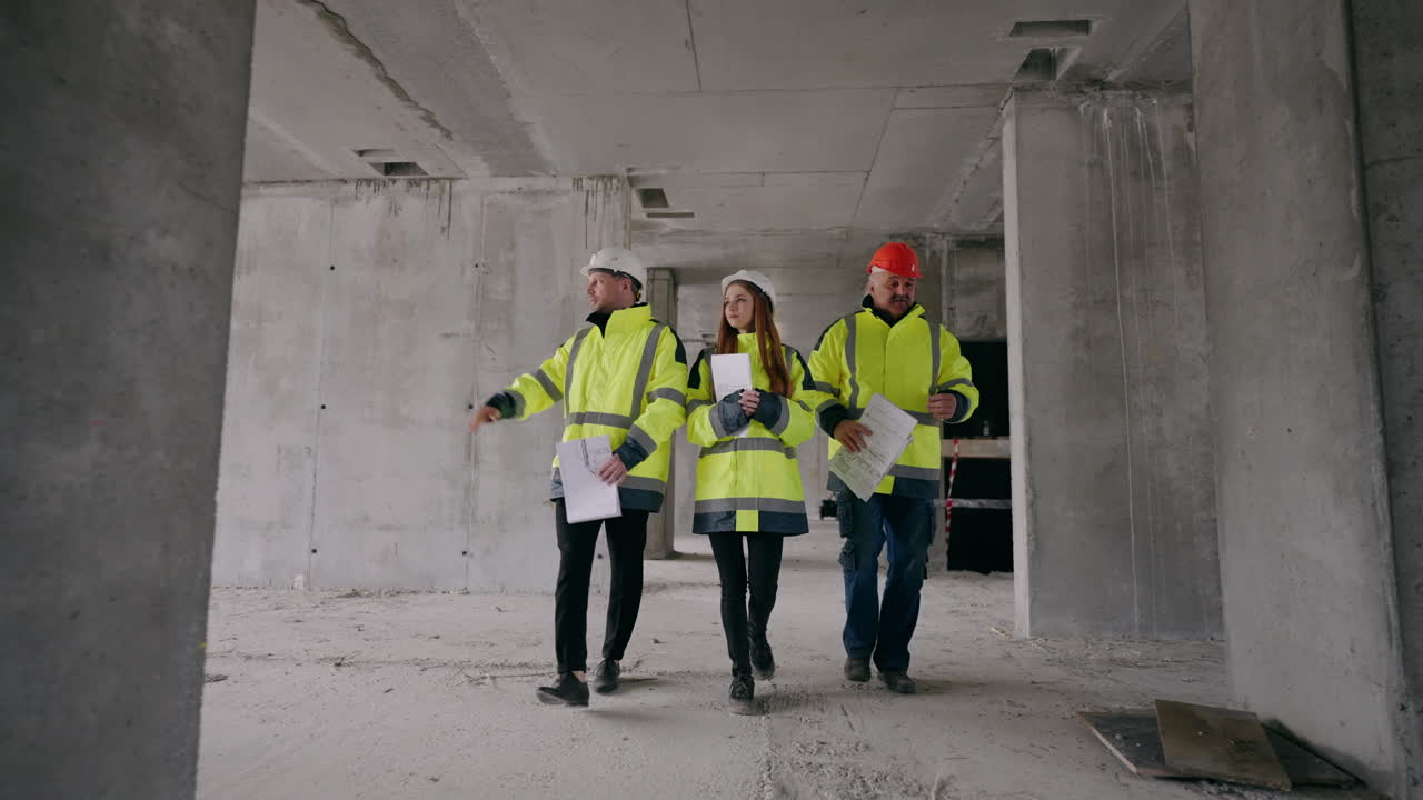 three building inspectors are examining building under construction architects and female engineer