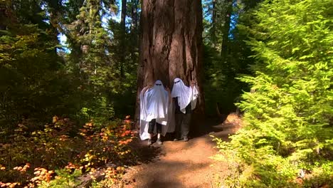 two people dance dressed as ghosts in an oregon forest