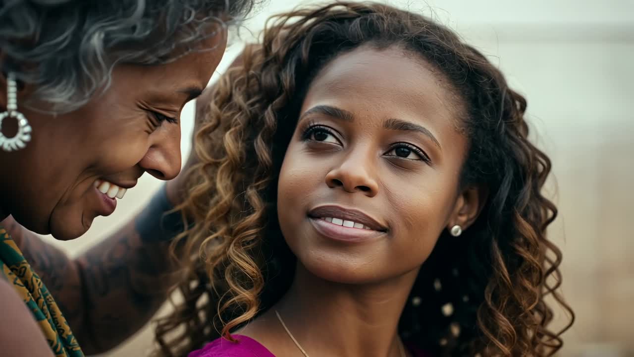 Smiling mother leaning in and arranging magenta-clad daughter's curly hair on porch, showing care