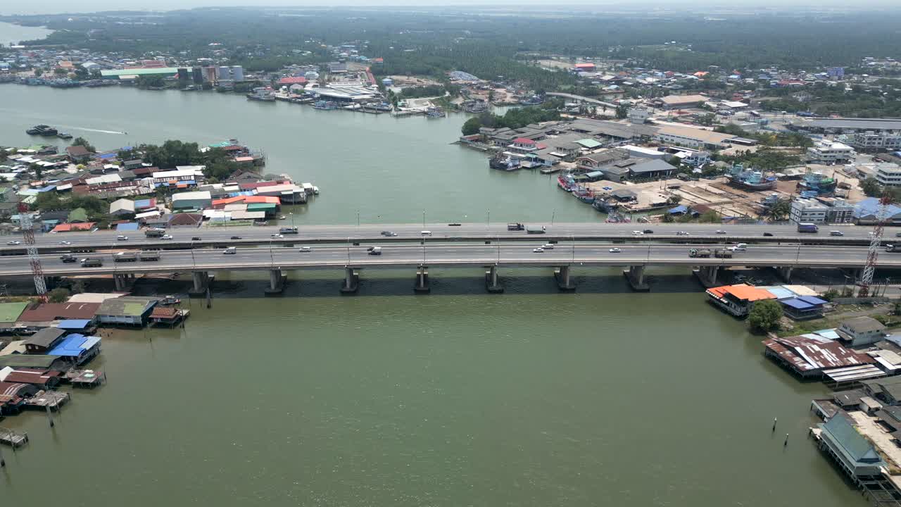 Aerial View of a Bustling City River with Bridge and Waterfront Buildings