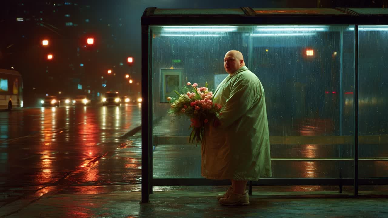 In the Rainy Night, a Solitary Figure Stands at a Bus Stop Clutching a Bouquet of Flowers, Adding a Touch of Color to the Gloomy Atmosphere and Reflecting on Life's Moments