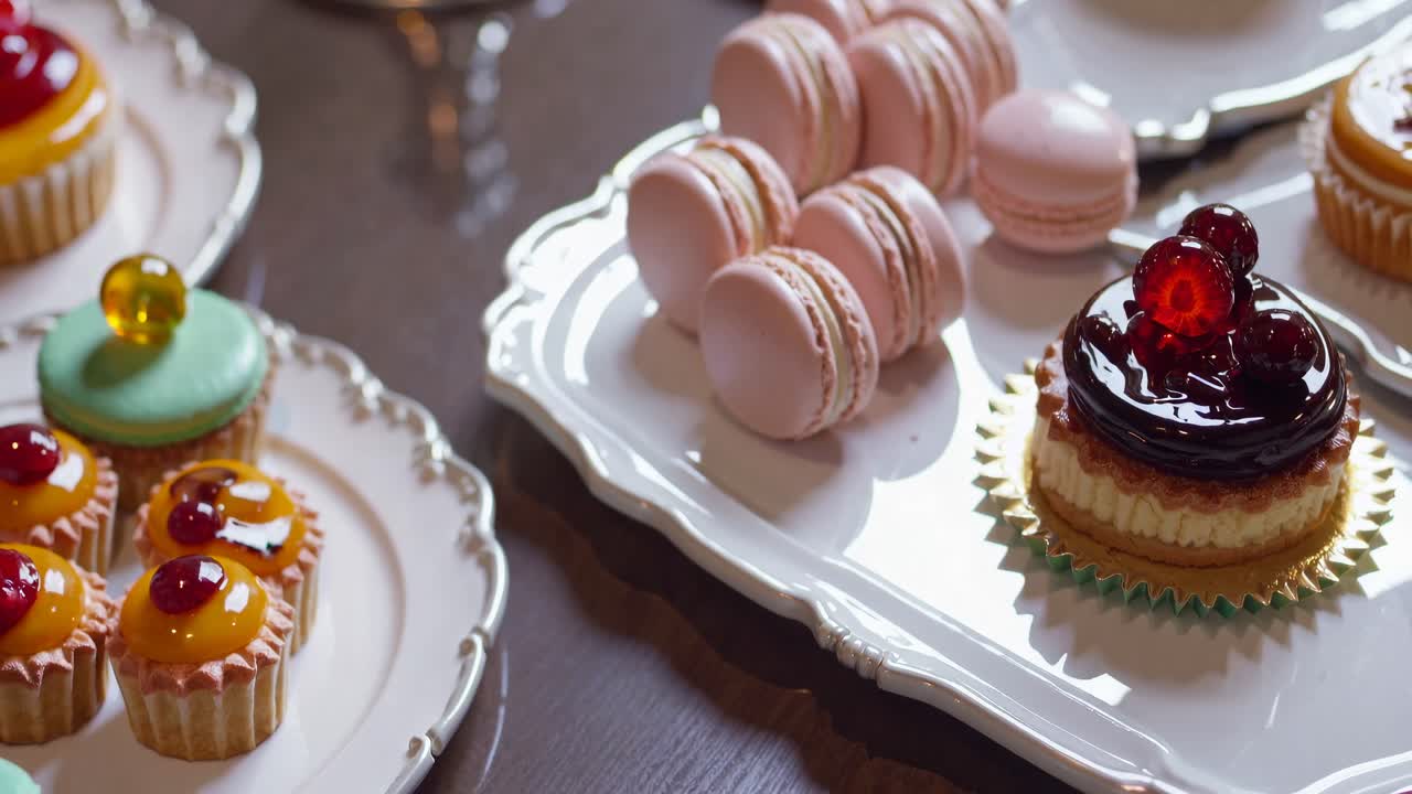 Elegant dessert display with macarons and pastries on ornate plates. Shot from a high angle, perfect