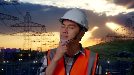 primer plano de ingeniero masculino asiático con casco de seguridad pensando y mirando a su alrededor luego levantando su dedo índice mientras estaba de pie cerca de la torre de alto voltaje