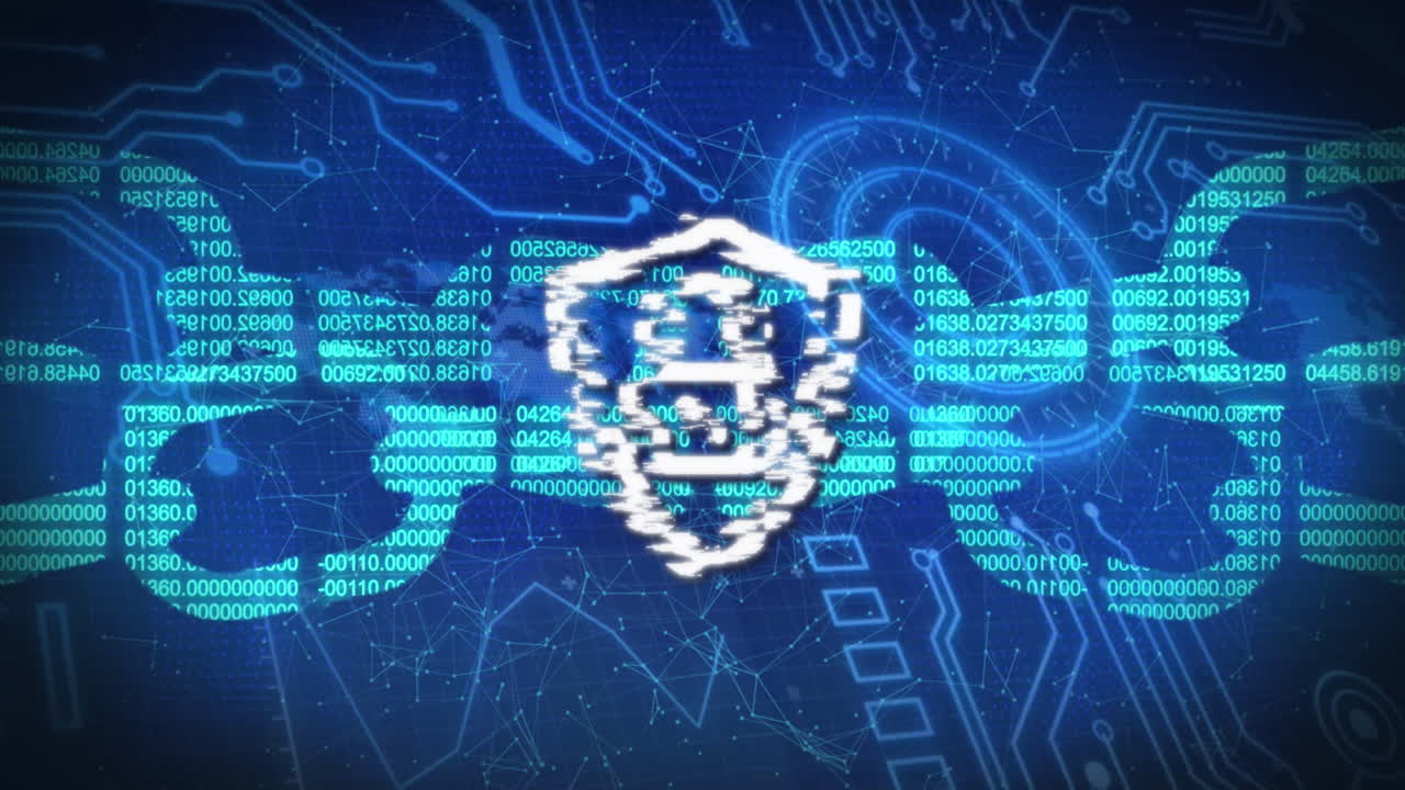 Animation of security padlock, shield and chain icon on round scanner and microprocessor connections