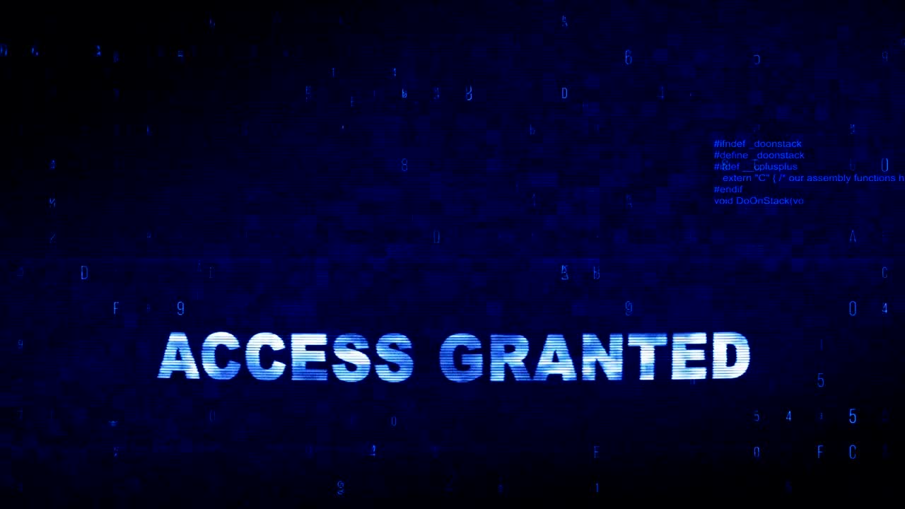Access Granted  Text Digital Noise Twitch Glitch Distortion Effect Error Animation.