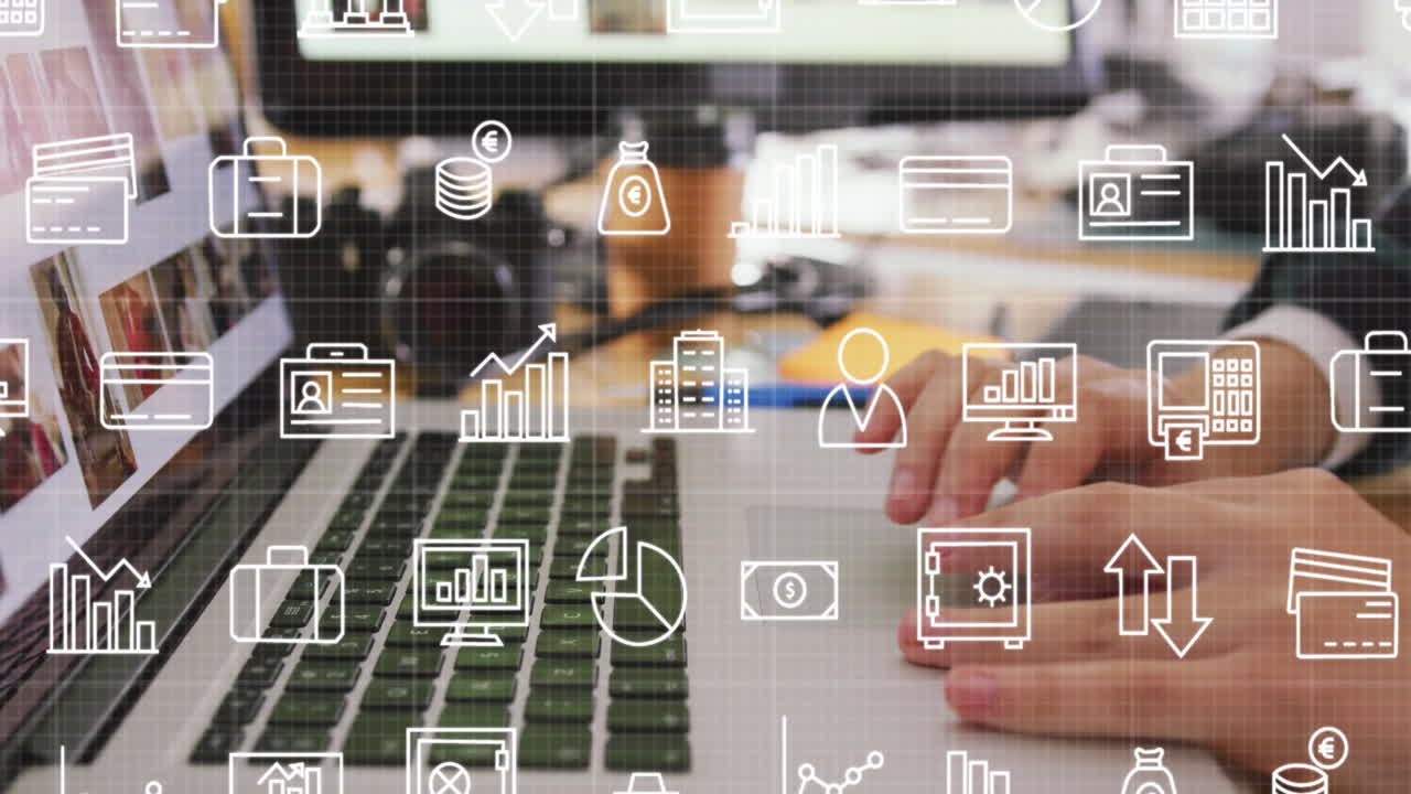 Animation of network of icons over caucasian businessman using laptop