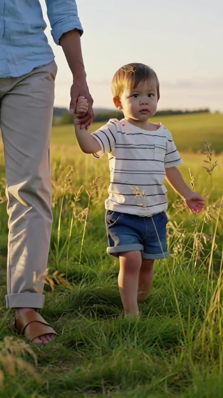 Video verticale: Papà che cammina in avanti, guidando un bambino piccolo attraverso un prato tenendolo per mano, con i sandali