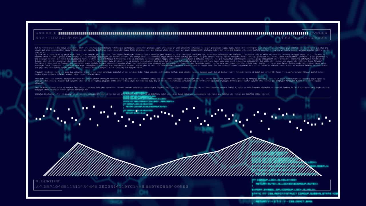 Animation of graphs, molecules structures and computer language over black background