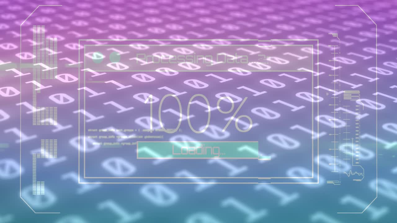 Animation of data processing on screen over binary coding