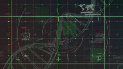 Animation-Von-Kreisen,-Karte,-Ladebalken-Mit-Rotierender-DNA-Helix-Auf-Schwarzem-Hintergrund