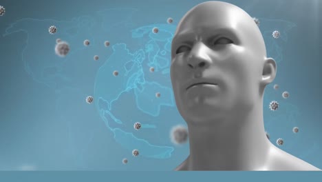 animation of covid 19 cells floating over human head and globe on blue background