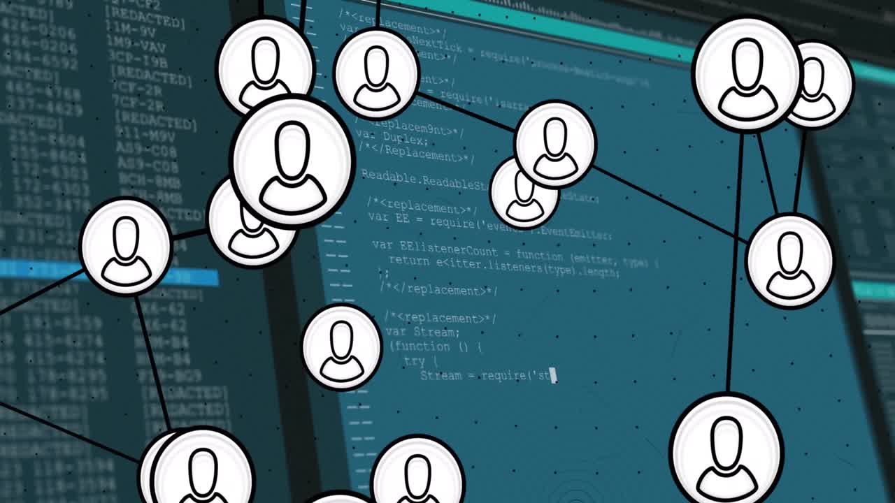 Animation of network of profile icons over data processing on computer screen