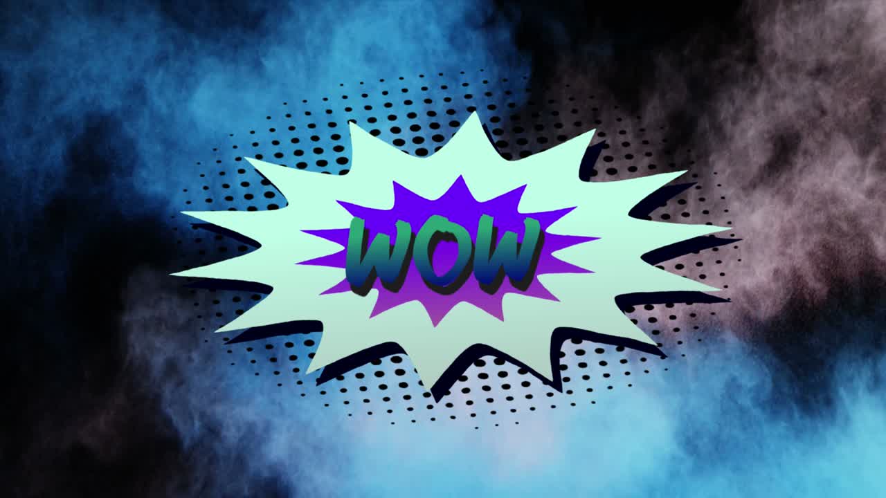 wow texto en el discurso retro burbuja contra la explosión de humo en fondo negro