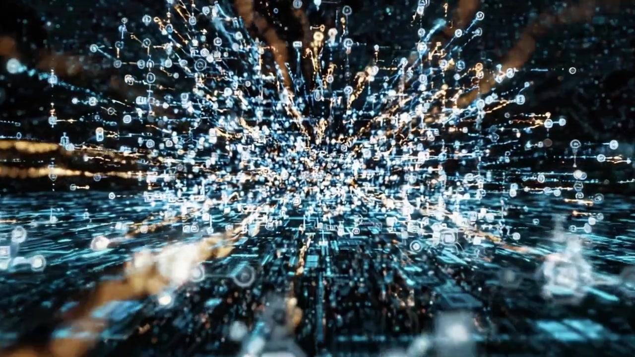 An Abstract Visualization of Data Connectivity: A Dynamic Journey Through a Futuristic Landscape Representing Global Information Networks