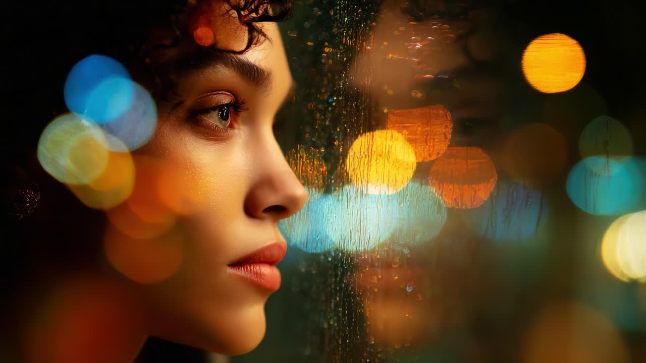 Captivating Reflection: A Contemplative Woman Gazes Through Rain-Soaked Glass, Illuminated by Multicolored City Lights, Evoking Feelings of Longing and Serenity
