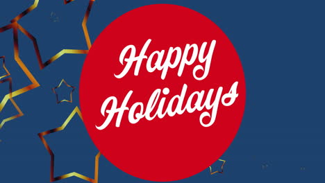 animation of happy holidays text with golden ribbon stars over blue background