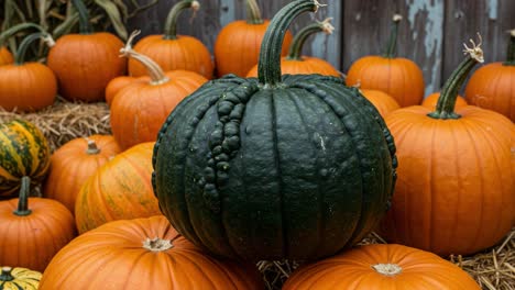 a vibrant display of pumpkins: featuring an unusual green pumpkin amidst a sea of orange gourds in a rustic farm setting