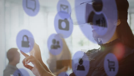 multiple digital icons and data processing over businesswoman wearing vr headset at office