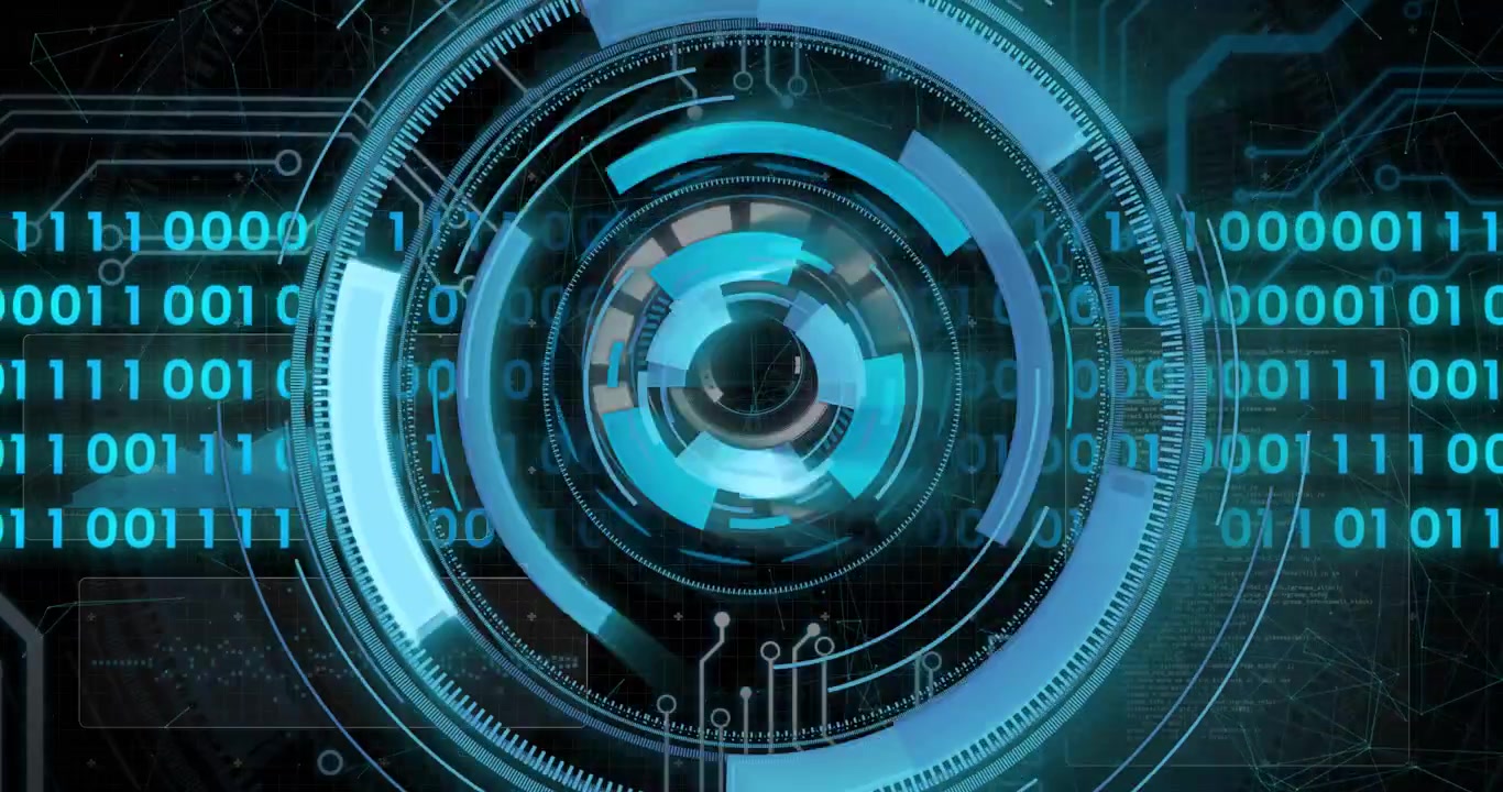 Interfaccia digitale con codice binario e circuiti, animazione di tecnologia futuristica.