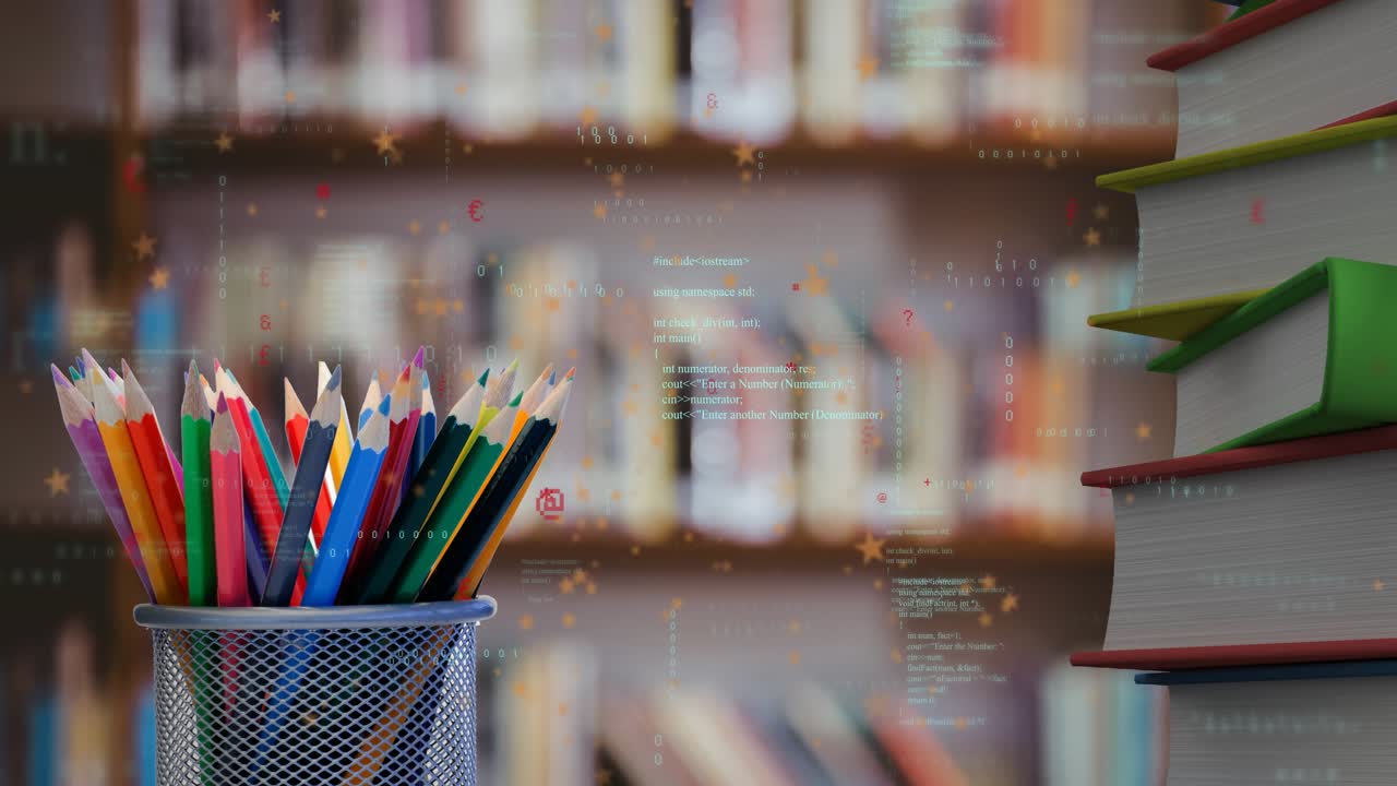 Opening shot showing pencil holder then code overlay drifting across desk adding tech flair