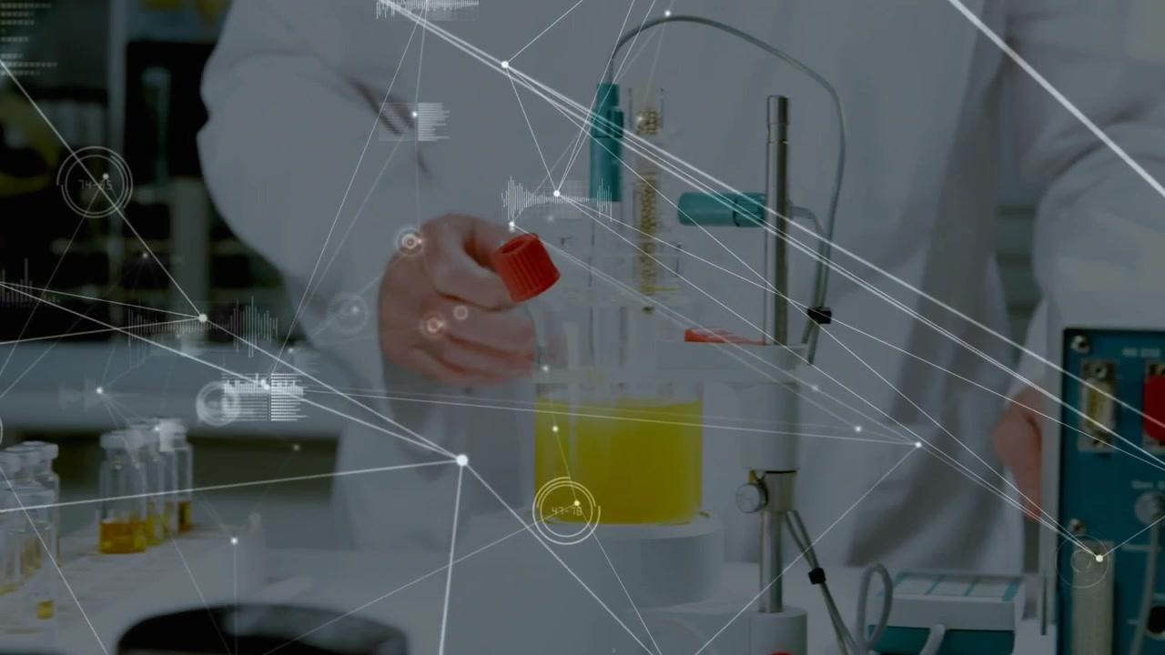 Sr lab tech placing sample on balance, causing HUD, handling vials, adjusting vessel prepping assay