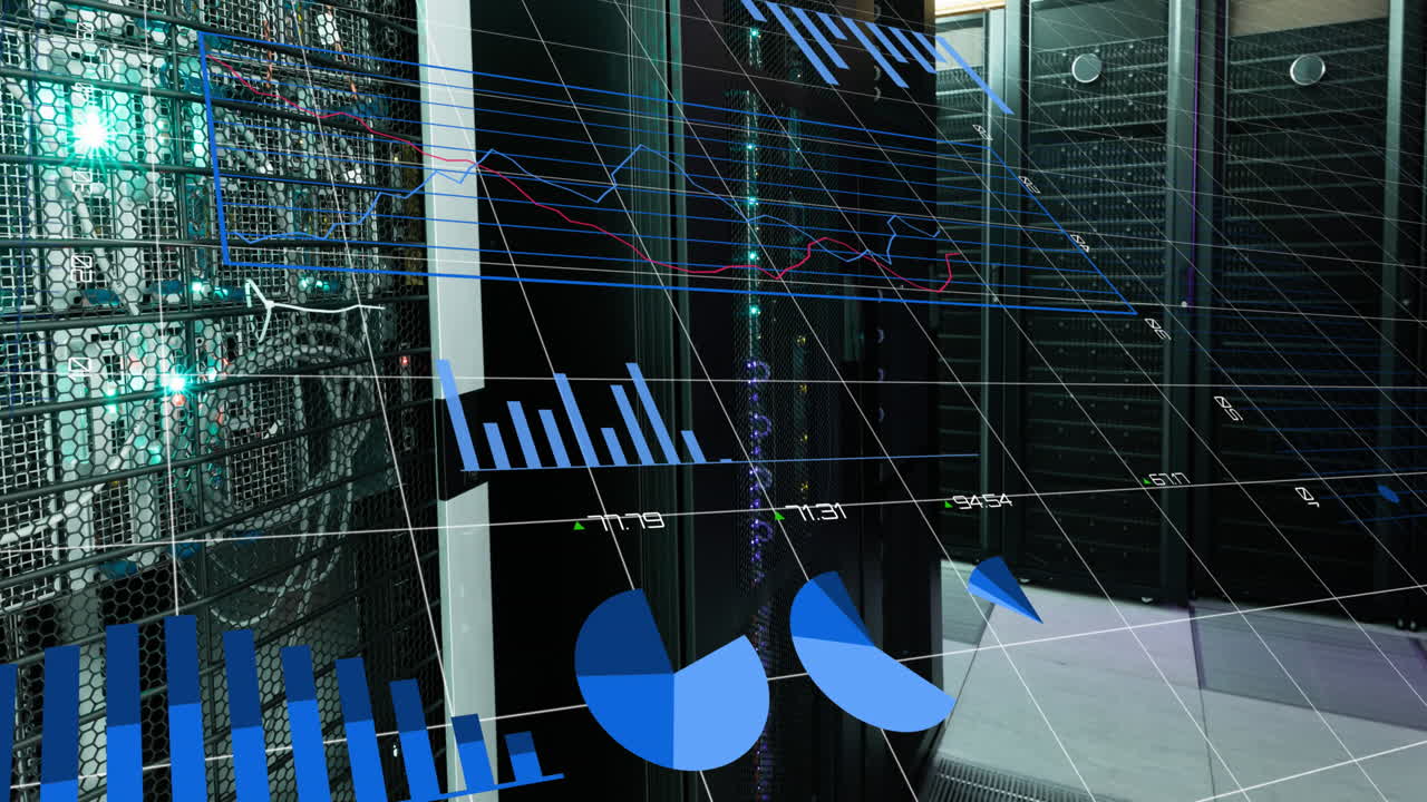 animación de gráficos y círculos de carga sobre bastidores de servidores de datos en la sala de servidores