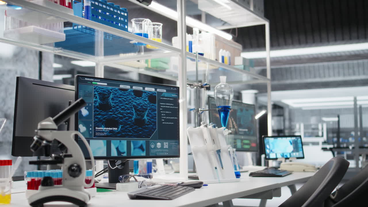 Vertical video Research facility workstation with computer monitor displaying DNA data