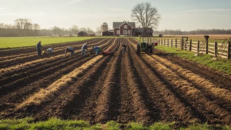 harvesting season: farmers cultivating rows of soil on a picturesque farm amidst clear skies and green fields, emphasizing the connection between agriculture and nature