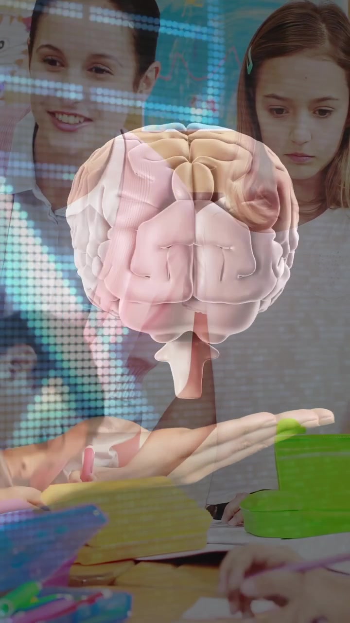 Vertical video: Teacher raising hand summoning brain hologram over palm guiding classroom learning